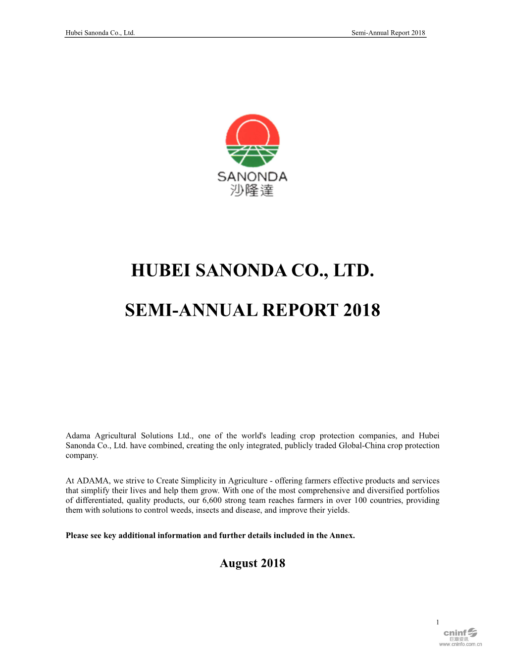 Hubei Sanonda Co., Ltd. Semi-Annual Report 2018