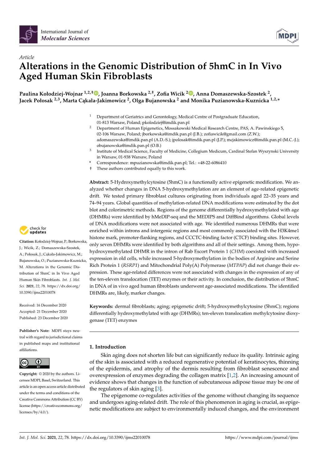 Alterations in the Genomic Distribution of 5Hmc in in Vivo Aged Human Skin Fibroblasts