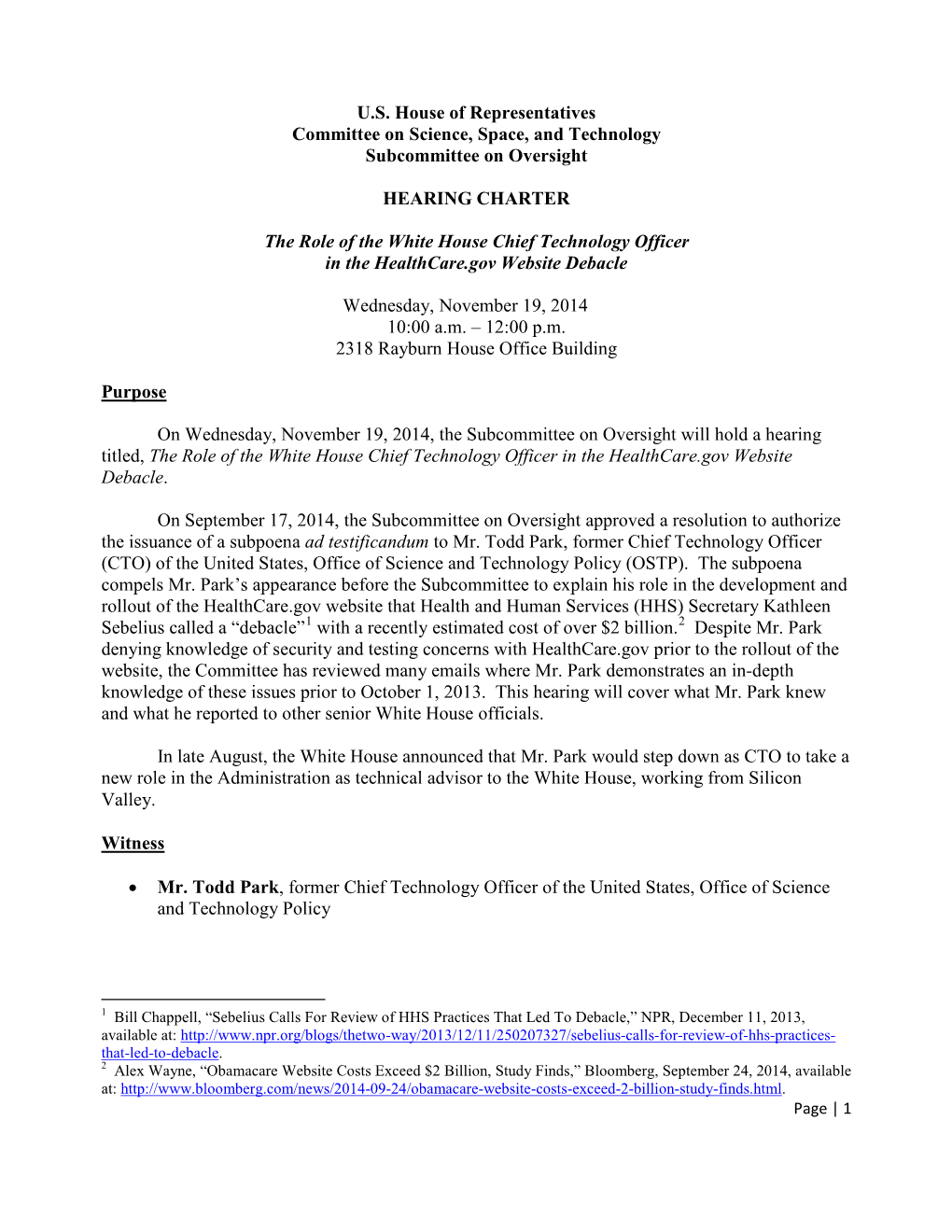 U.S. House of Representatives Committee on Science, Space, and Technology Subcommittee on Oversight