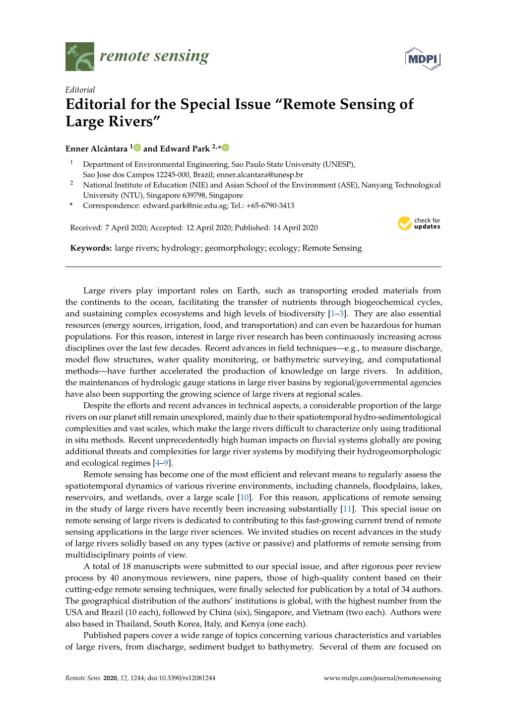 Editorial for the Special Issue “Remote Sensing of Large Rivers”