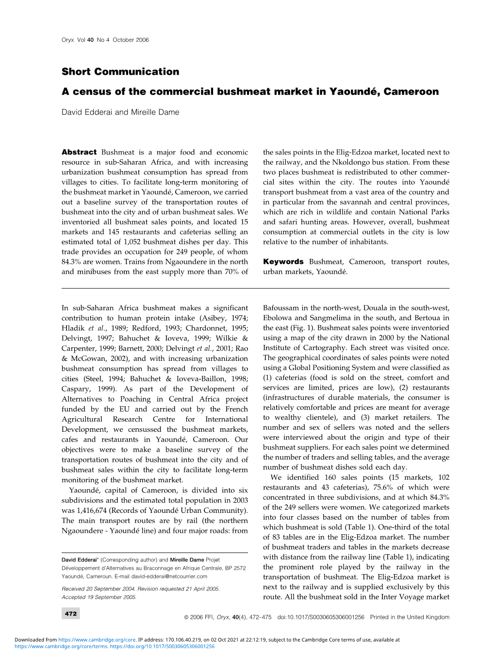 A Census of the Commercial Bushmeat Market in Yaound&Eacute