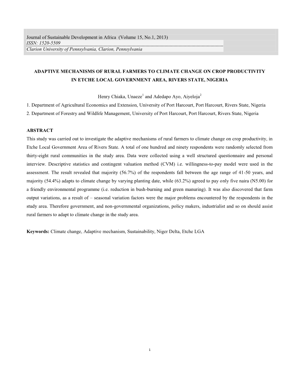 Adaptive Mechanisms of Rural Farmers to Climate Change on Crop Productivity in Etche Local Government Area, Rivers State, Nigeria