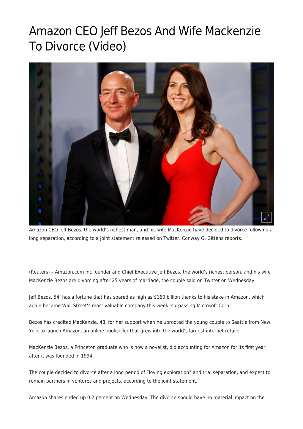 Amazon CEO Jeff Bezos and Wife Mackenzie to Divorce