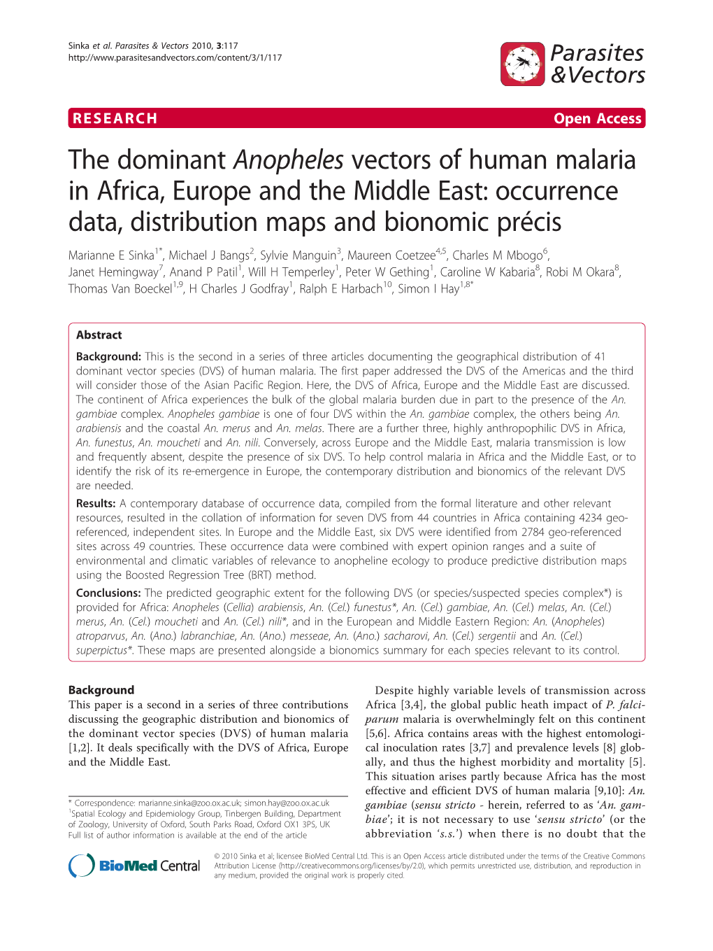 The Dominant Anopheles Vectors of Human Malaria in Africa, Europe