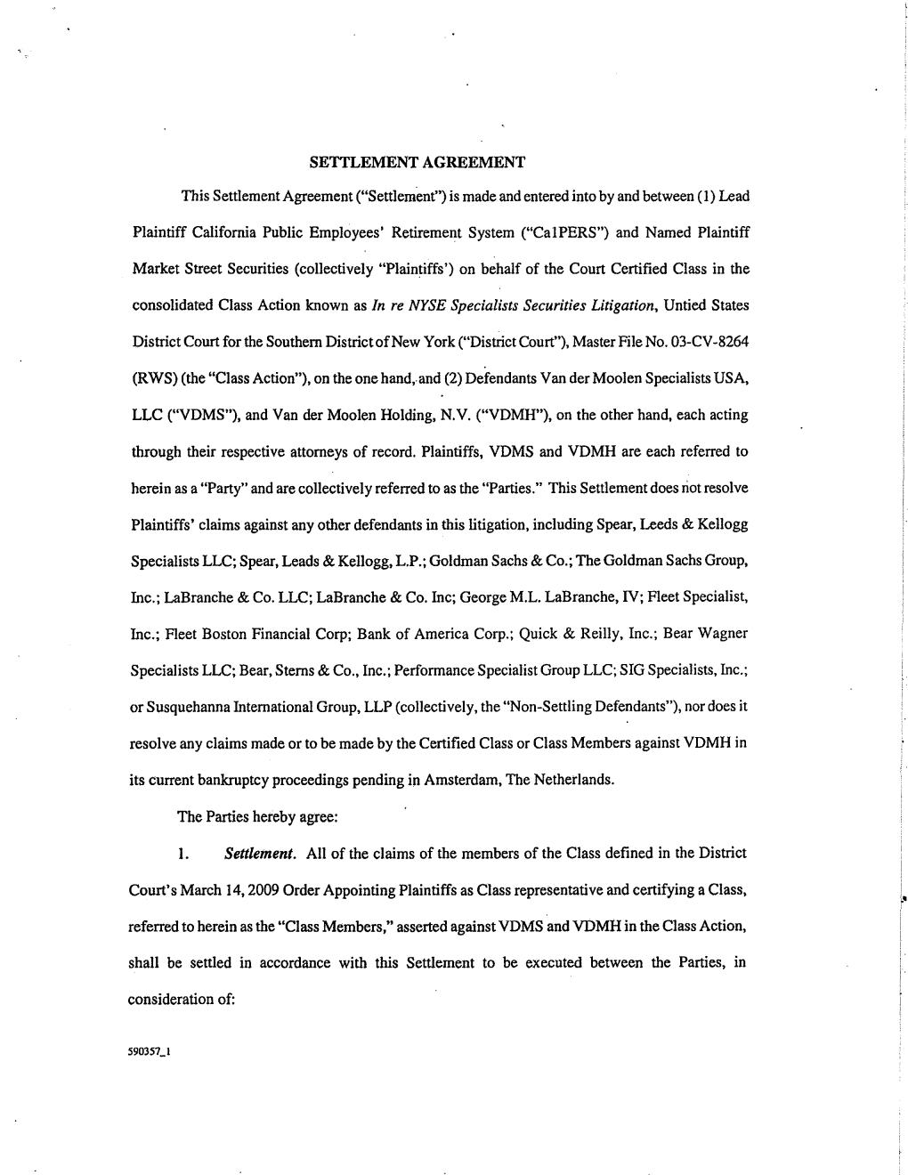 In Re: NYSE Specialists Securities Litigation 03-CV-08264-Settlement