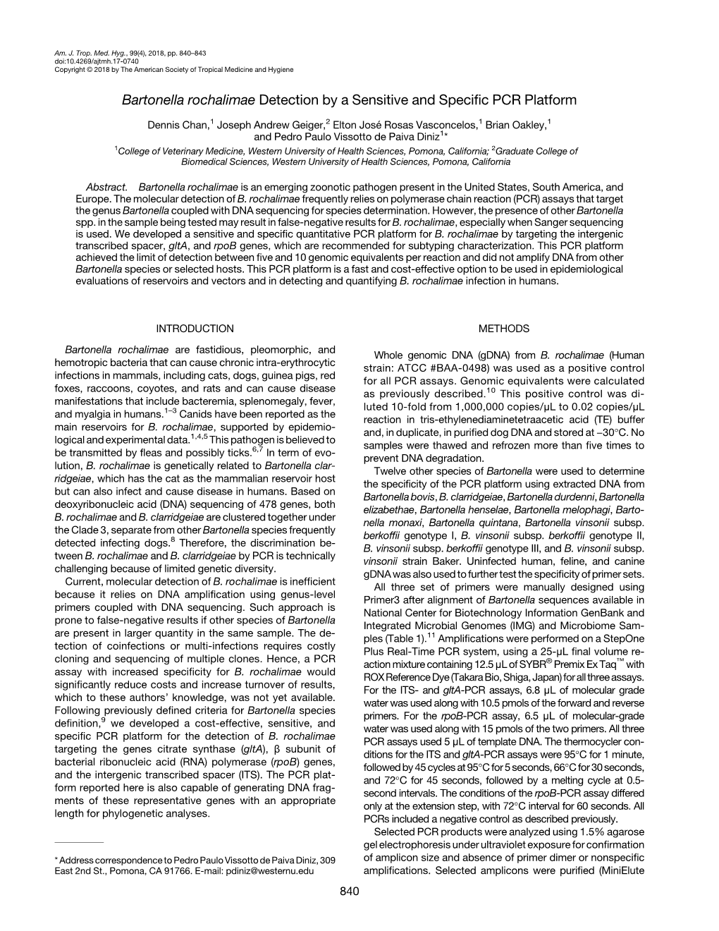 Bartonella Rochalimae Detection by a Sensitive and Specific PCR Platform