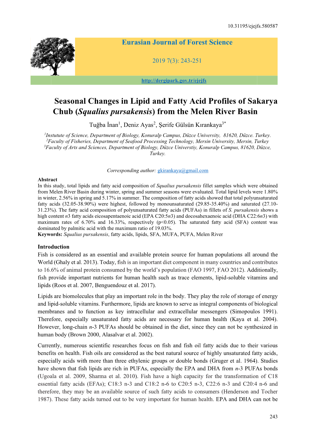 Seasonal Changes in Lipid and Fatty Acid Profiles of Sakarya Chub