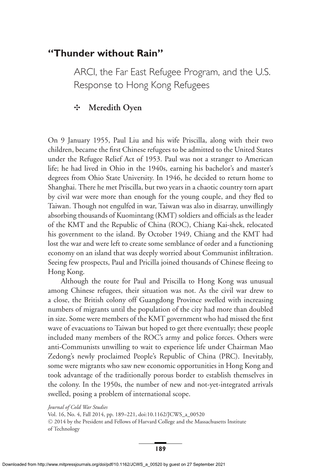 ARCI, the Far East Refugee Program, and the US Response to Hong