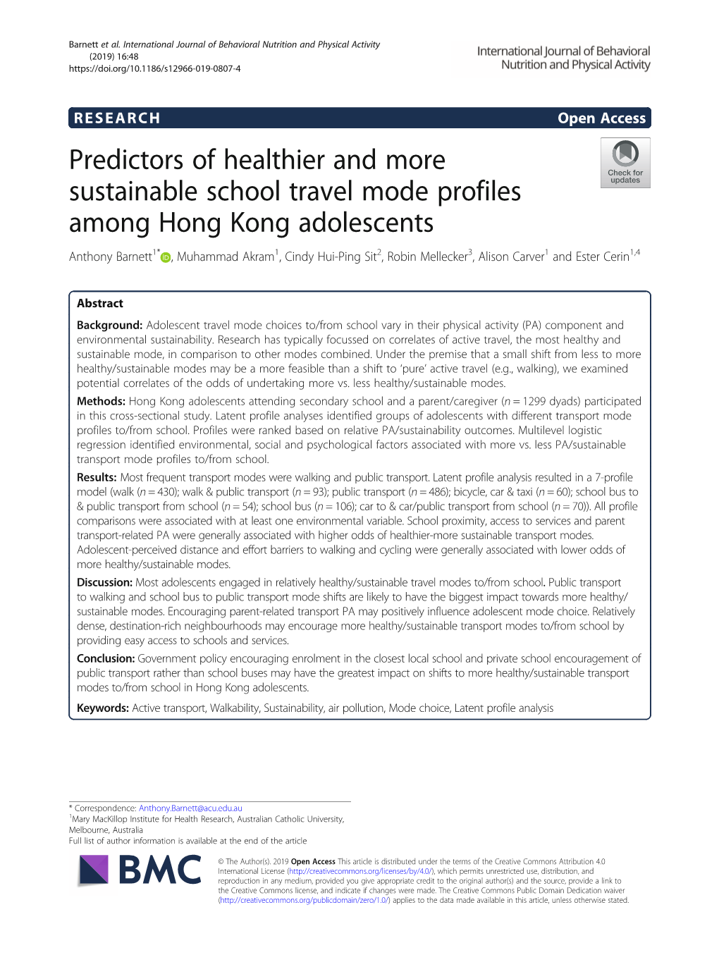 Predictors of Healthier and More Sustainable School Travel Mode Profiles Among Hong Kong Adolescents