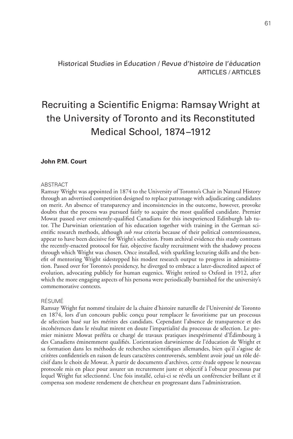 Ramsay Wright at the University of Toronto and Its Reconstituted Medical School, 1874–1912