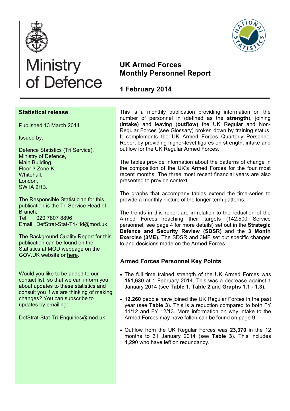 UK Armed Forces Monthly Personnel Report February 2014