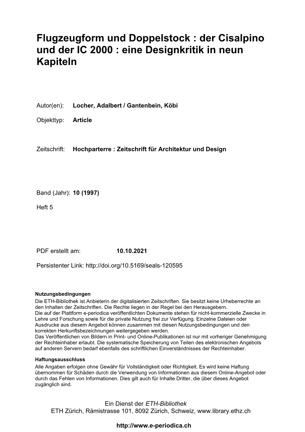 Flugzeugform Und Doppelstock : Der Cisalpino Und Der IC 2000 : Eine Designkritik in Neun Kapiteln