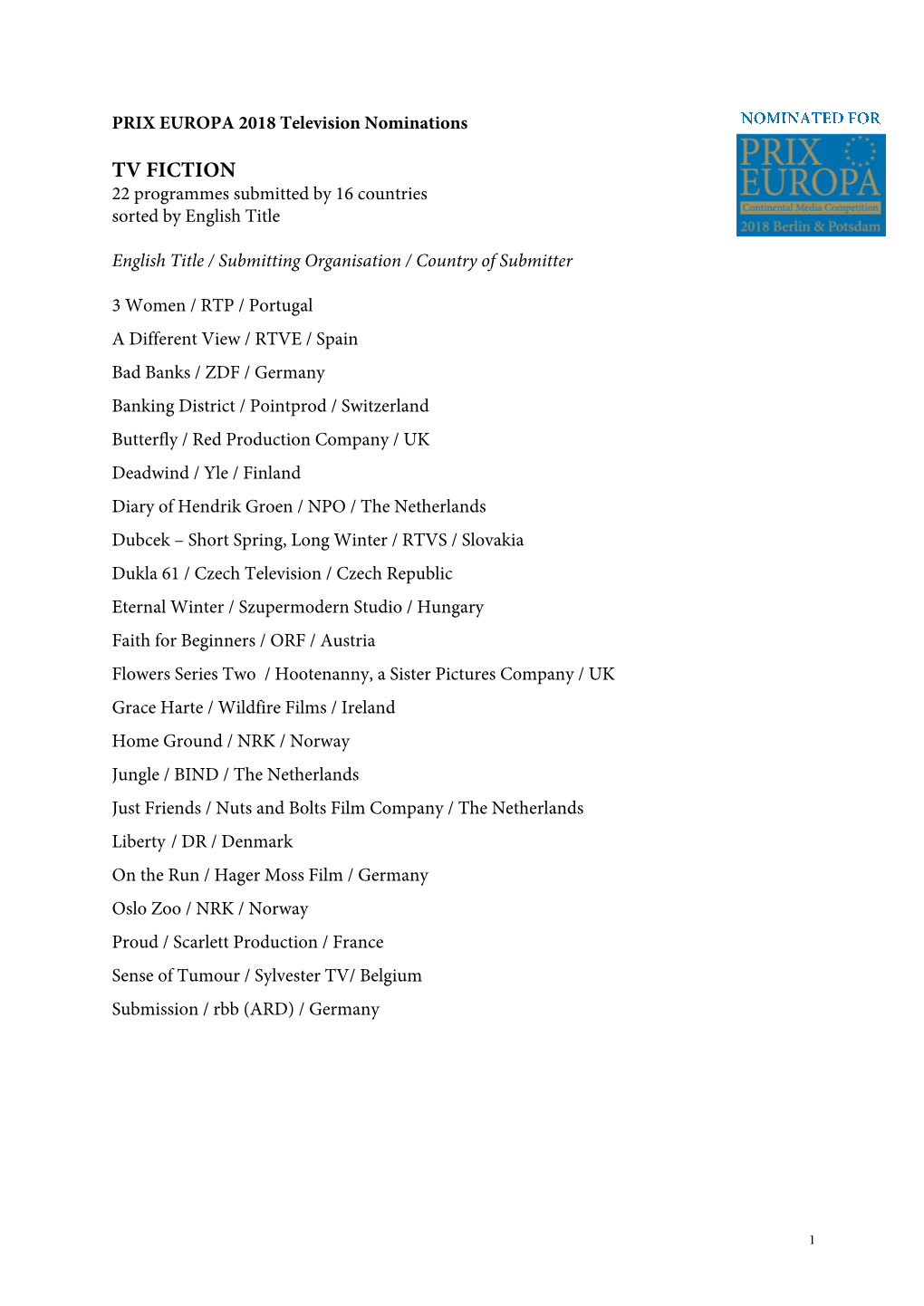 PRIX EUROPA 2018 Television Nominations /0.*/