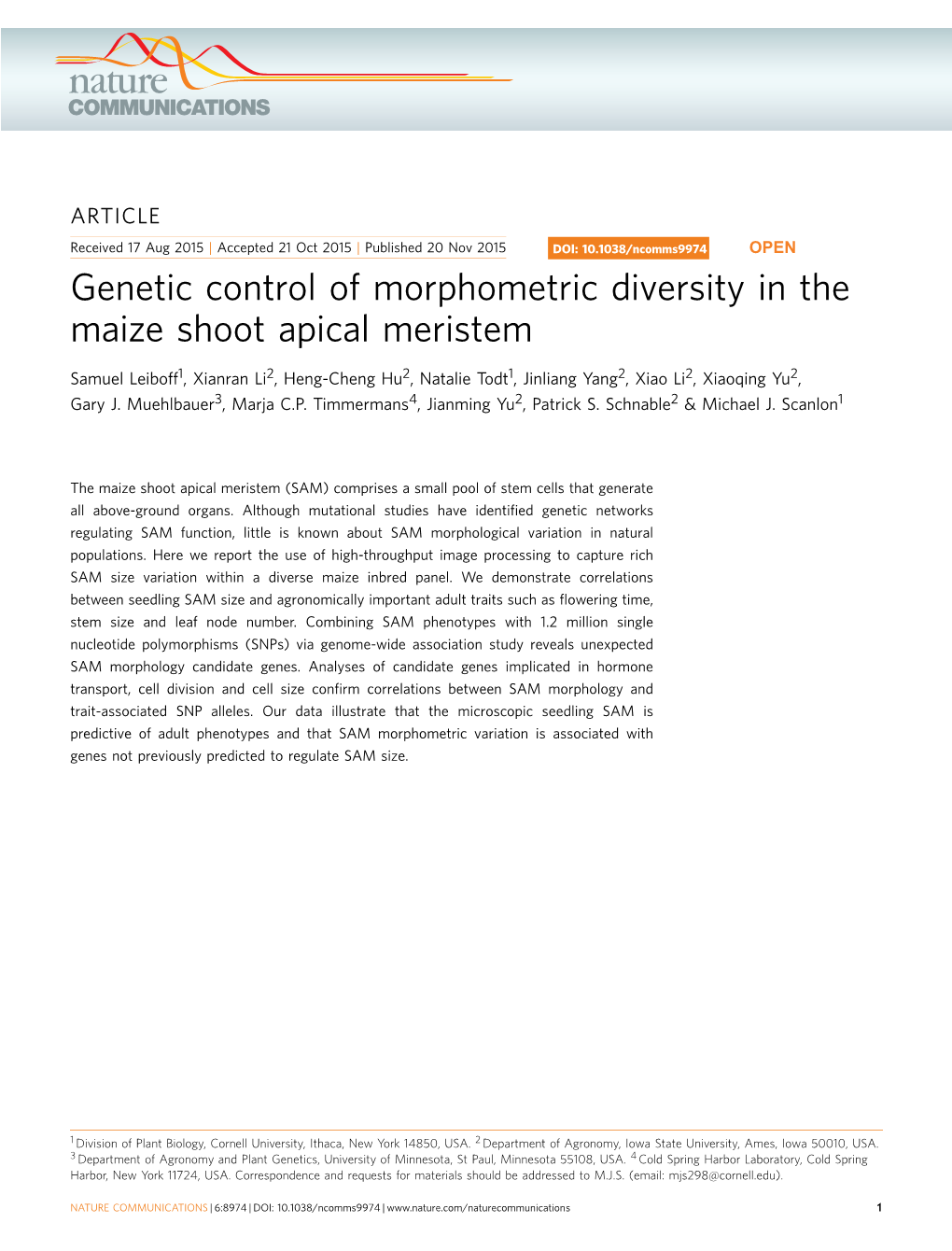 Genetic Control of Morphometric Diversity in the Maize Shoot Apical Meristem