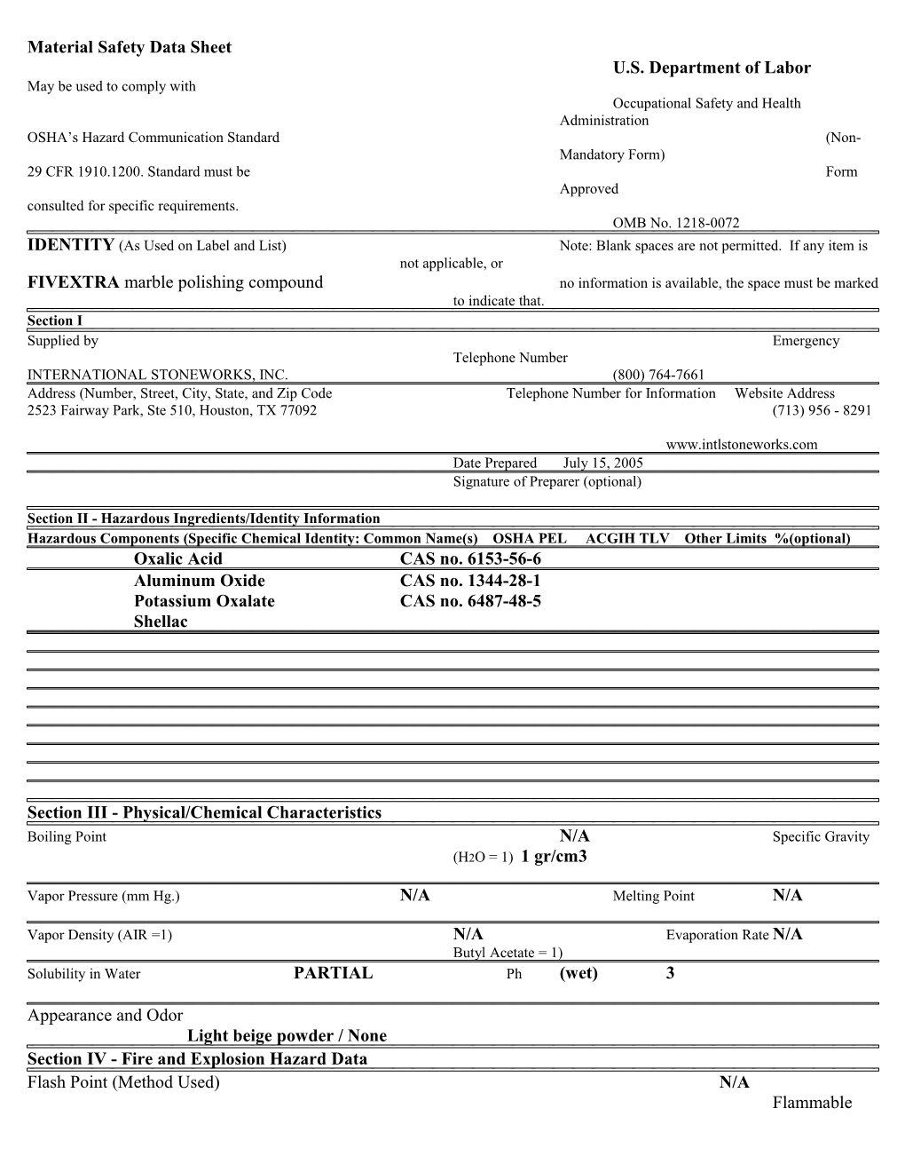 Material Safety Data Sheet U.S. Department of Labor