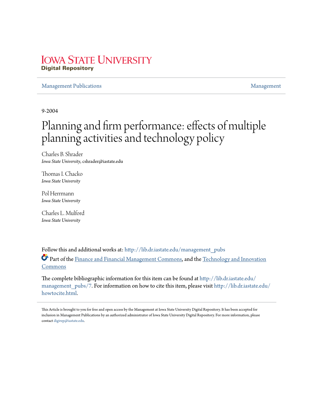 Effects of Multiple Planning Activities and Technology Policy Charles B