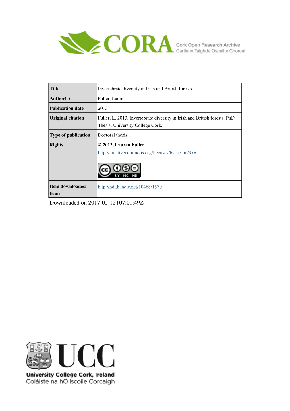 Downloaded on 2017-02-12T07:01:49Z Invertebrate Diversity in Irish and British Forests