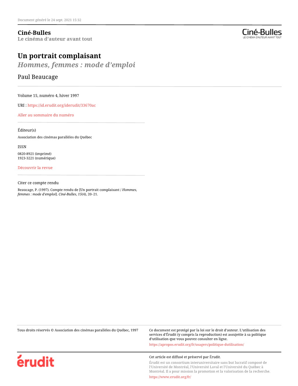 Un Portrait Complaisant / Hommes, Femmes : Mode D'emploi