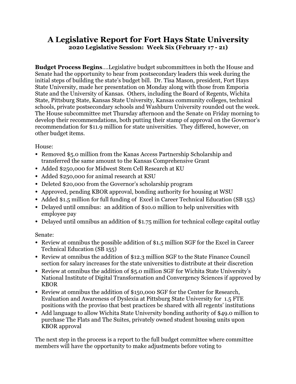 A Legislative Report for Fort Hays State University 2020 Legislative Session: Week Six (February 17 - 21)