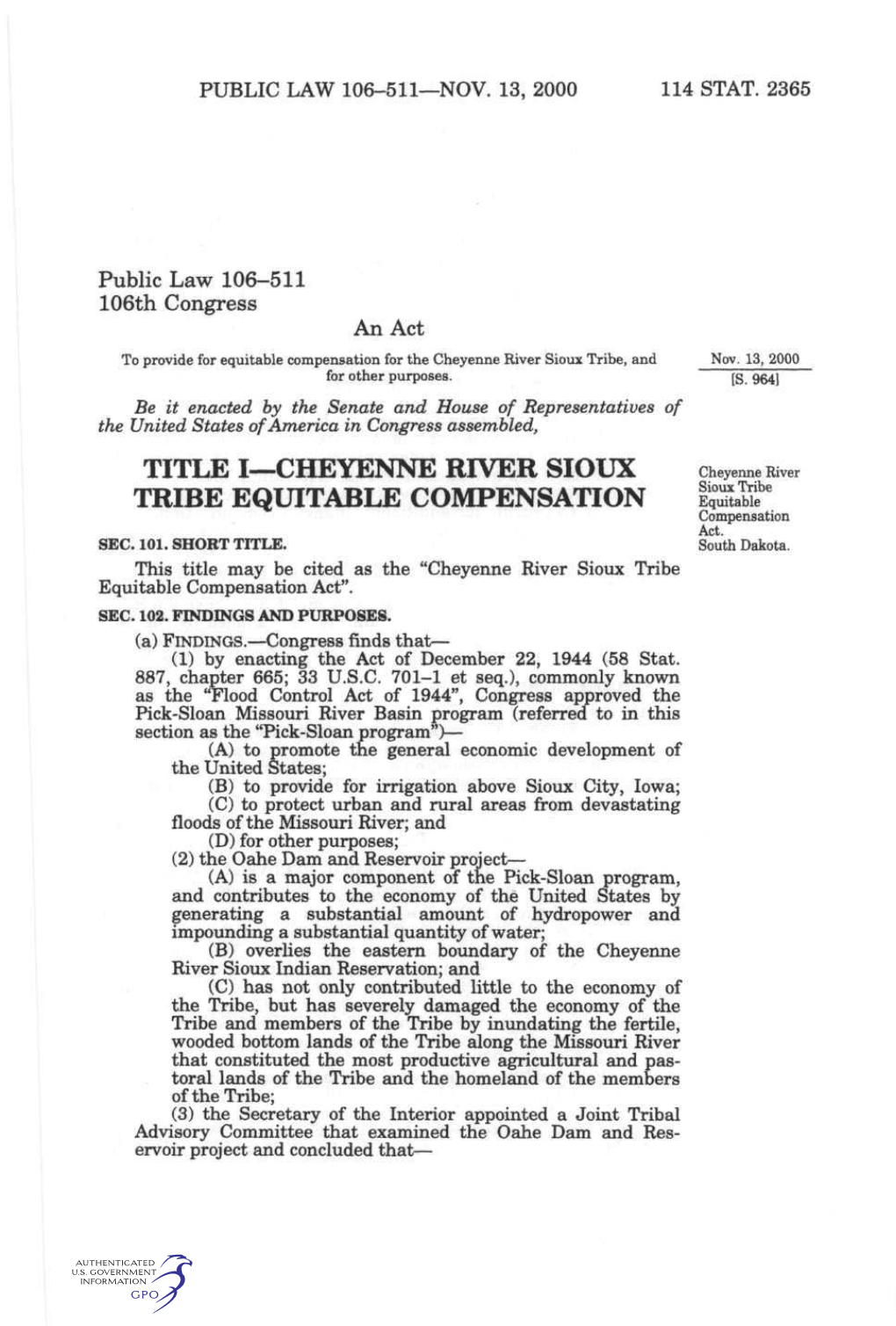 Title I—Cheyenne River Sioux Tribe Equitable Compensation