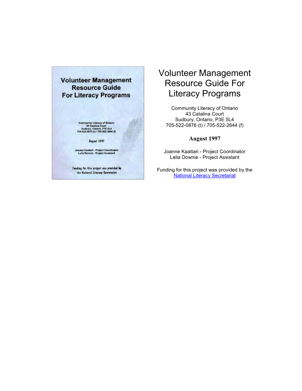 Volunteer Management Resource Guide for Literacy Programs