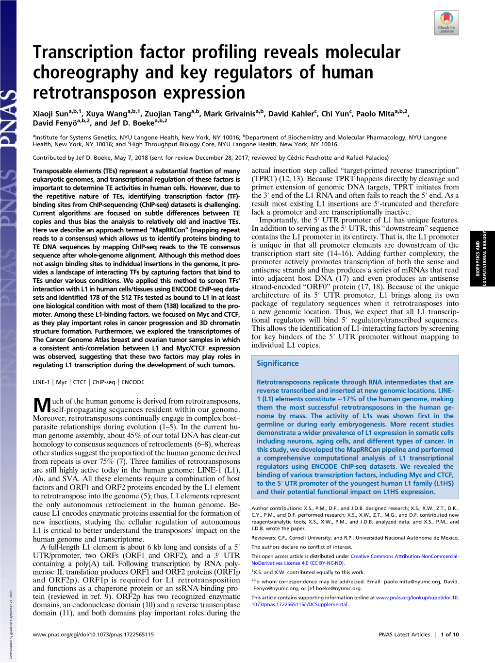 Transcription Factor Profiling Reveals Molecular Choreography and Key Regulators of Human Retrotransposon Expression