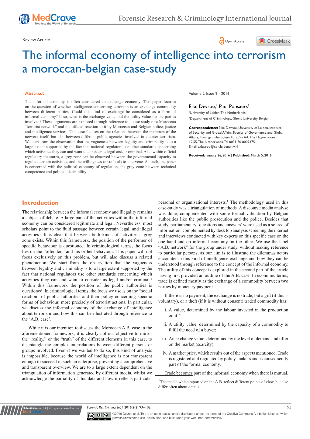The Informal Economy of Intelligence Into Terrorism a Moroccan-Belgian Case-Study
