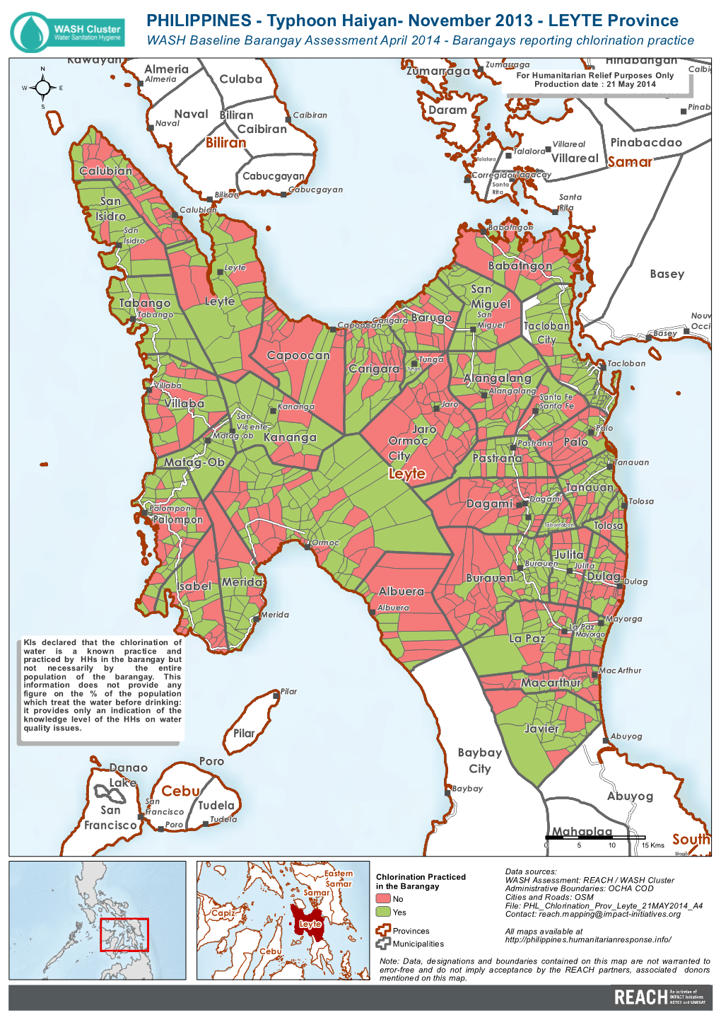 Typhoon Haiyan- November 2013 - LEYTE Province WASH Baseline Barangay Assessment April 2014 - Barangays Reporting Chlorination Practice