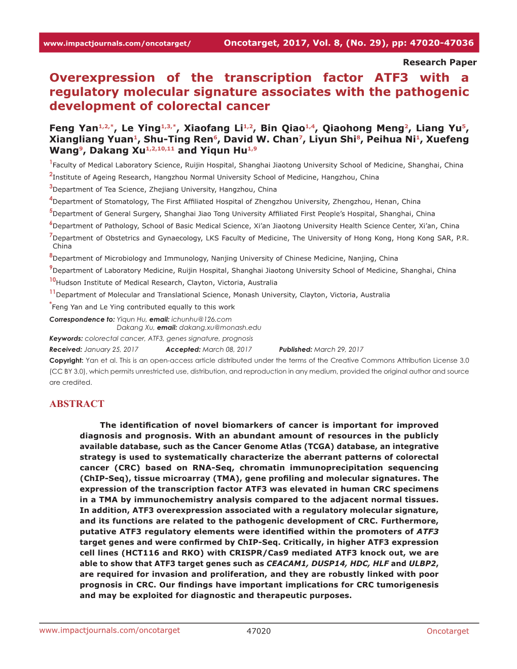 Overexpression of the Transcription Factor ATF3 with a Regulatory Molecular Signature Associates with the Pathogenic Development of Colorectal Cancer