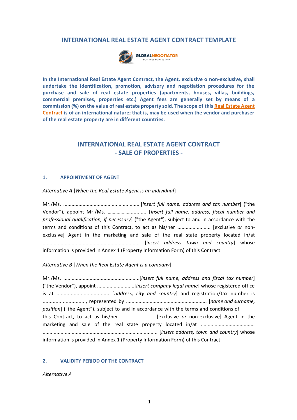 International Real Estate Agent Contract Template