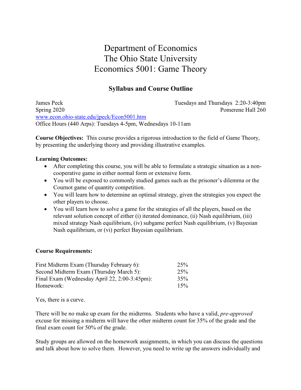 Department of Economics the Ohio State University Economics 5001: Game Theory