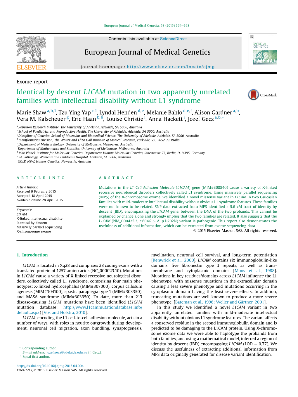 Identical by Descent L1CAM Mutation in Two Apparently Unrelated Families with Intellectual Disability Without L1 Syndrome