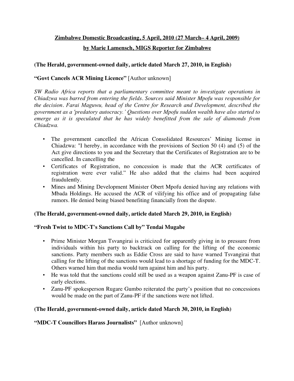 Zimbabwe Domestic Broadcasting, 5 April, 2010 (27 March– 4 April, 2009) by Marie Lamensch, MIGS Reporter for Zimbabwe