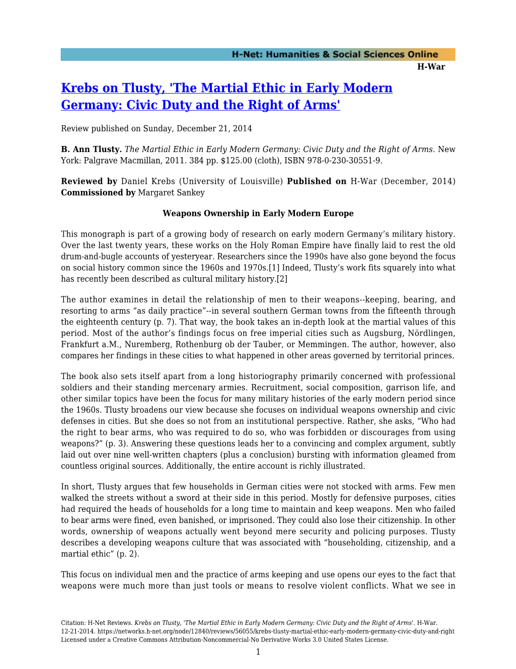 Krebs on Tlusty, 'The Martial Ethic in Early Modern Germany: Civic Duty and the Right of Arms'