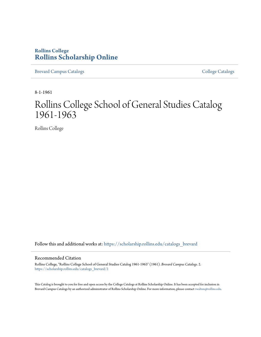 Rollins College School of General Studies Catalog 1961-1963 Rollins College