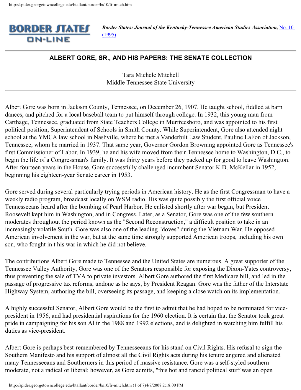 Albert Gore, Sr., and His Papers: the Senate Collection