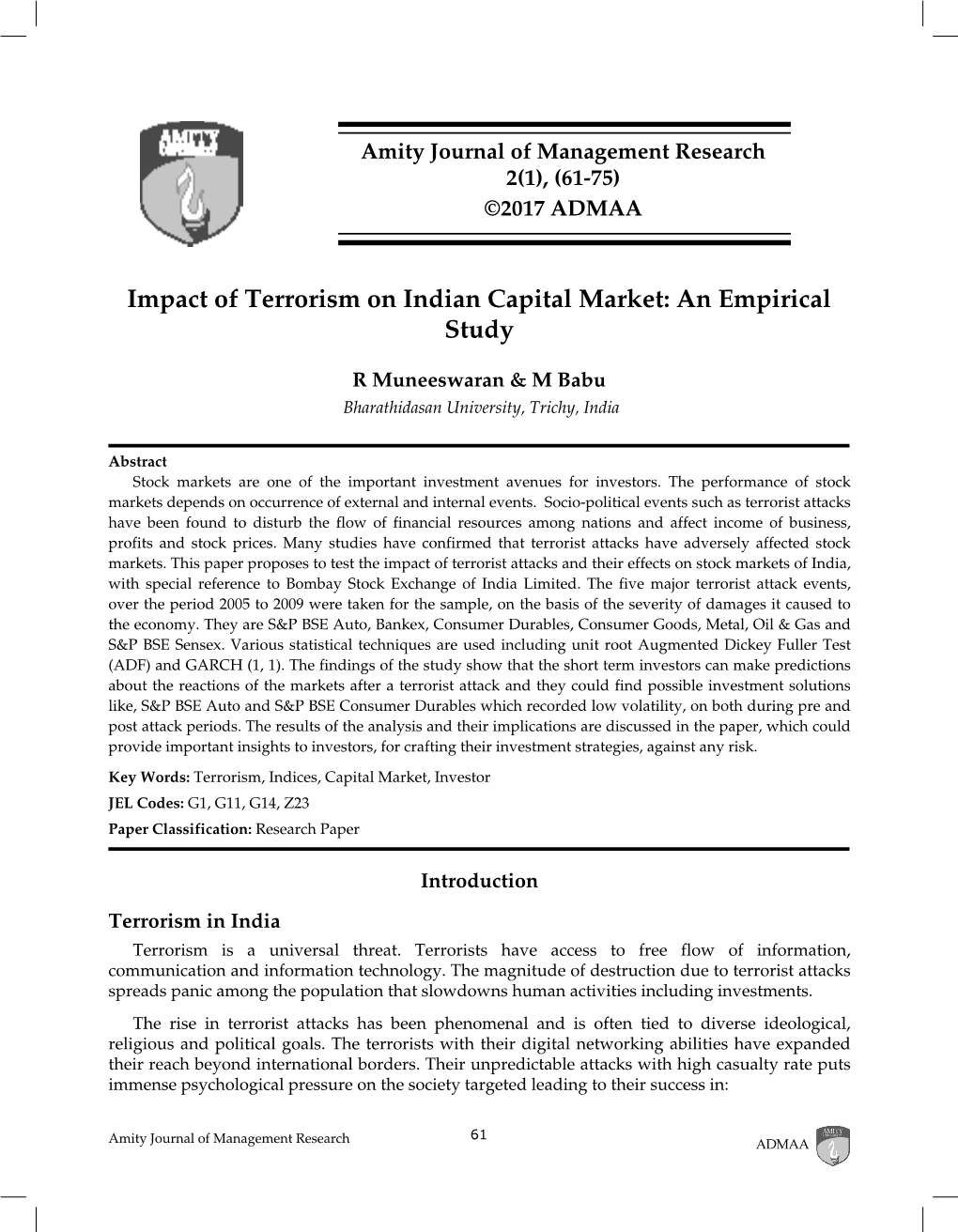 Impact of Terrorism on Indian Capital Market: an Empirical Study