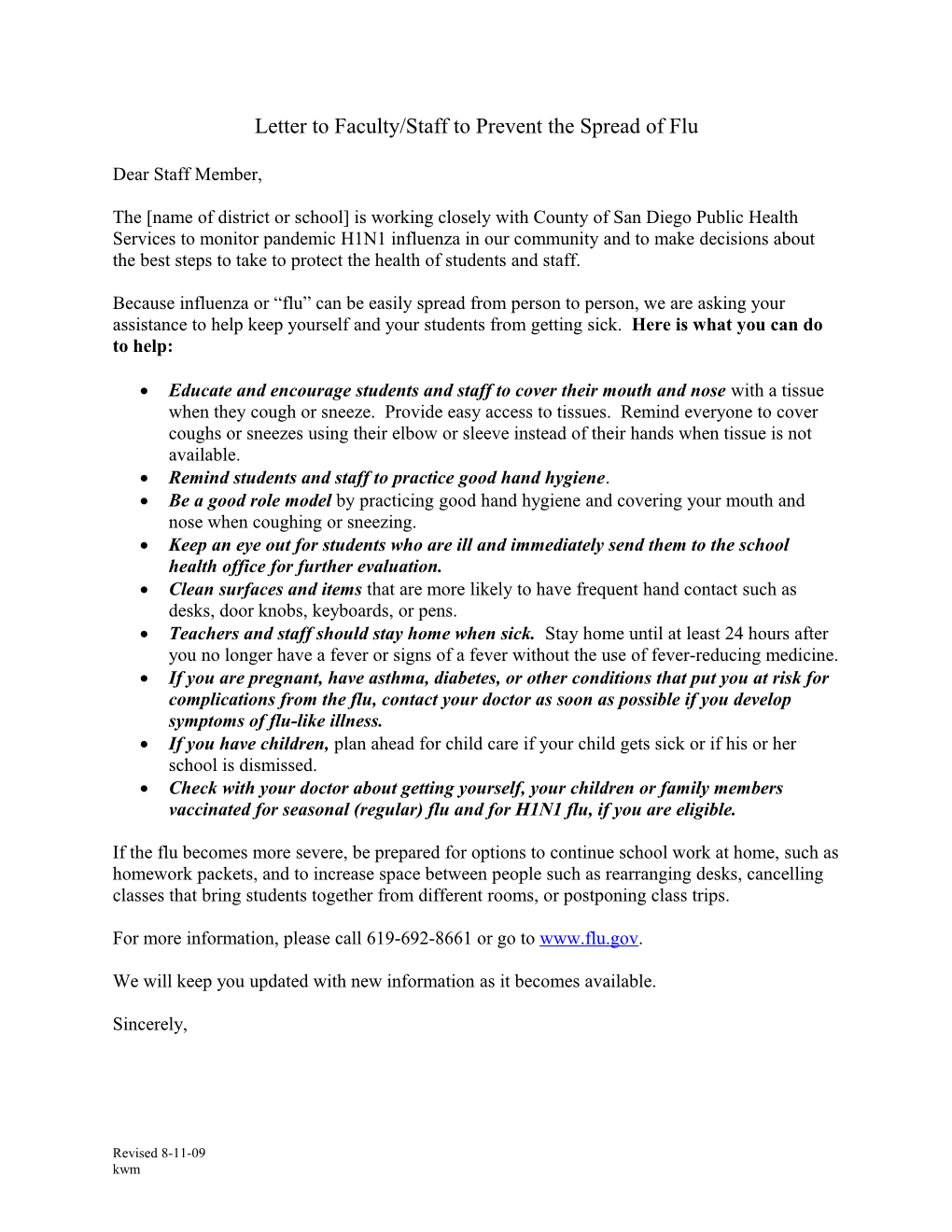 Letter to Faculty/Staff to Prevent the Spread of Flu