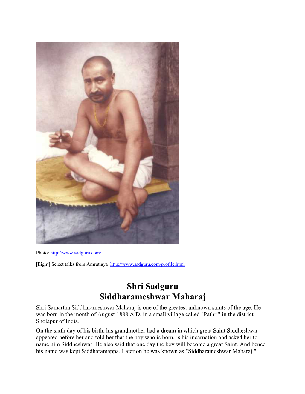 Shri Sadguru Siddharameshwar Maharaj Shri Samartha Siddharameshwar Maharaj Is One of the Greatest Unknown Saints of the Age