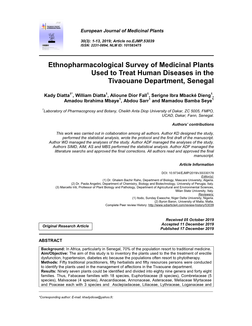 Ethnopharmacological Survey of Medicinal Plants Used to Treat Human Diseases in the Tivaouane Department, Senegal
