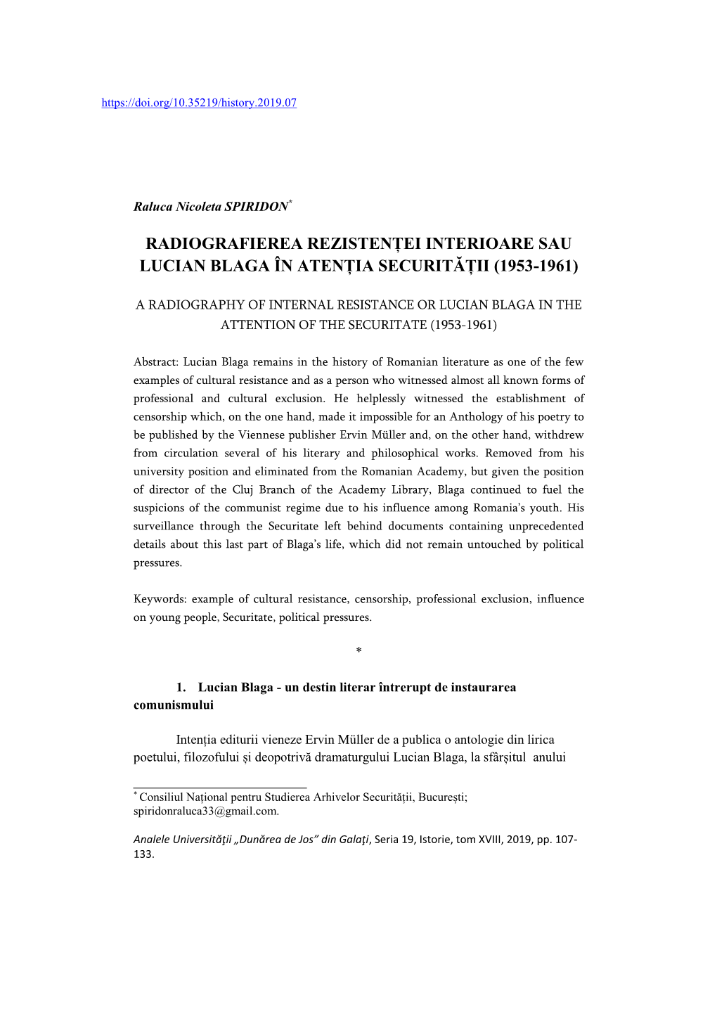 Radiografierea Rezistenței Interioare Sau Lucian Blaga În Atenția Securității (1953-1961)