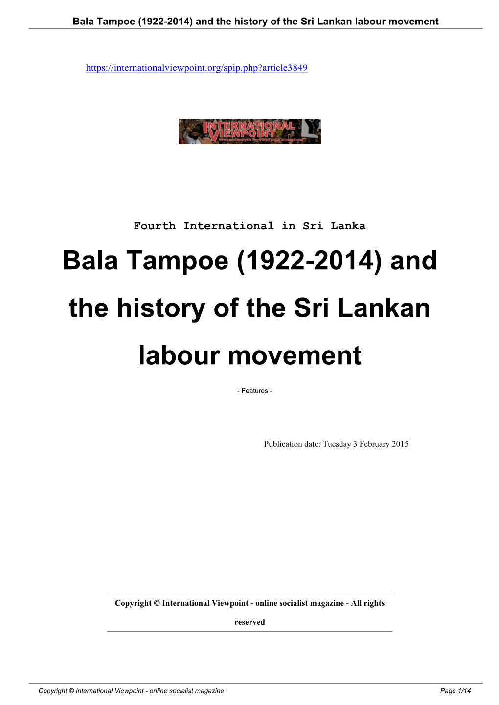Bala Tampoe (1922-2014) and the History of the Sri Lankan Labour Movement