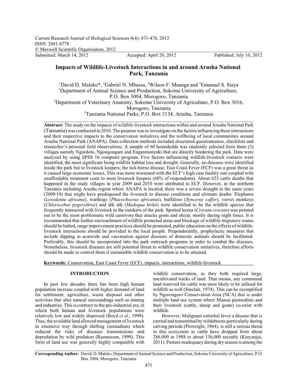 Impacts of Wildlife-Livestock Interactions in and Around Arusha National Park, Tanzania