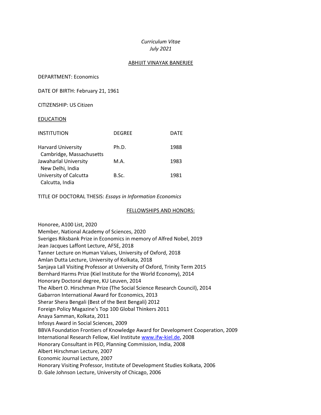 Curriculum Vitae July 2021 ABHIJIT VINAYAK BANERJEE DEPARTMENT