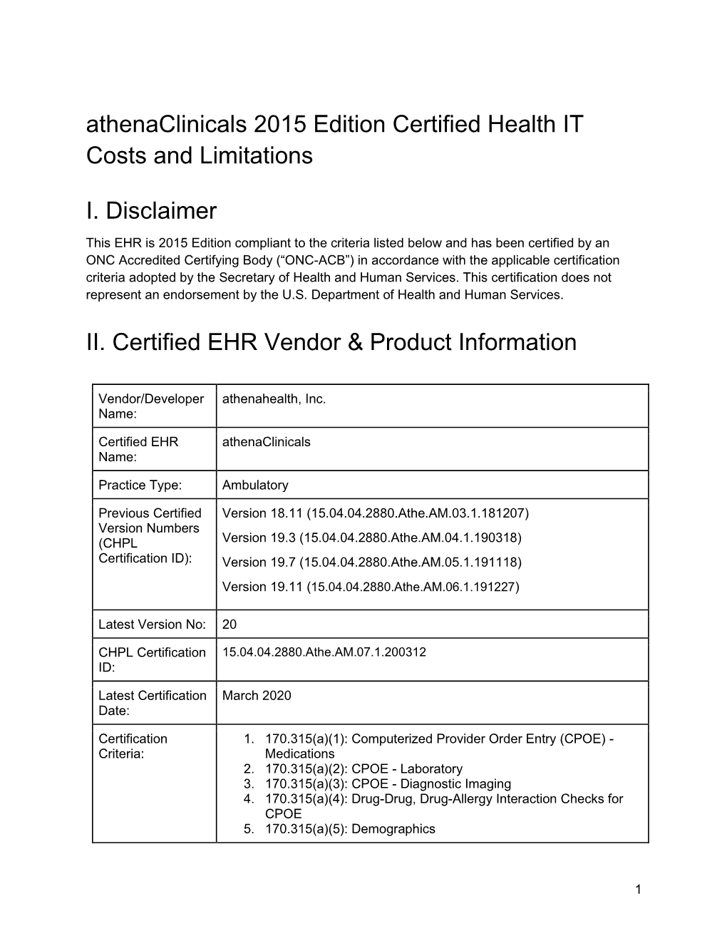 Athenaclinicals 2015 Edition Certified Health IT Costs and Limitations