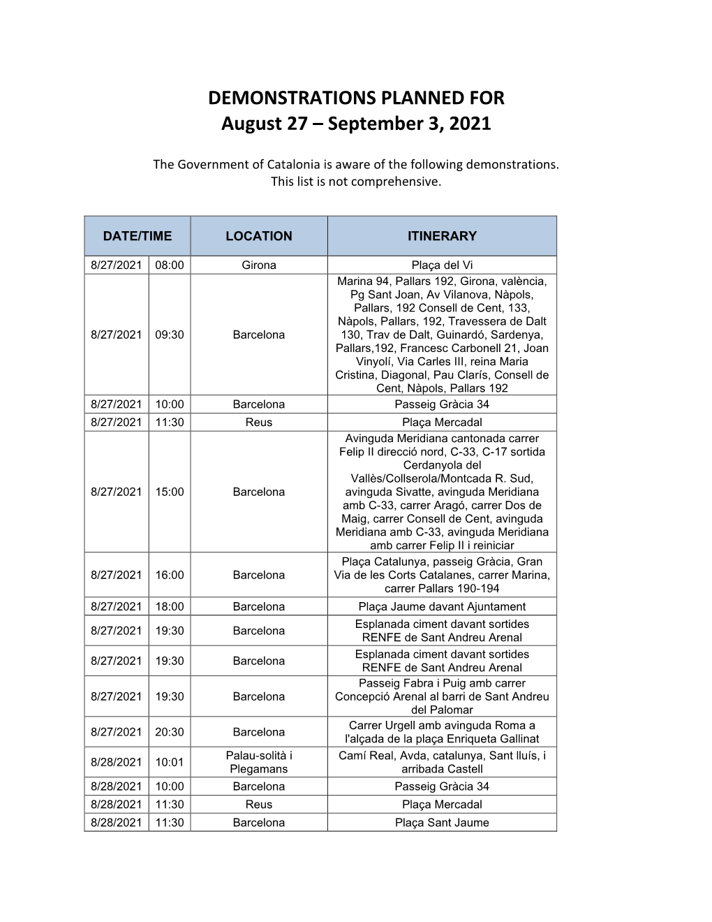 DEMONSTRATIONS PLANNED for August 27 – September 3, 2021