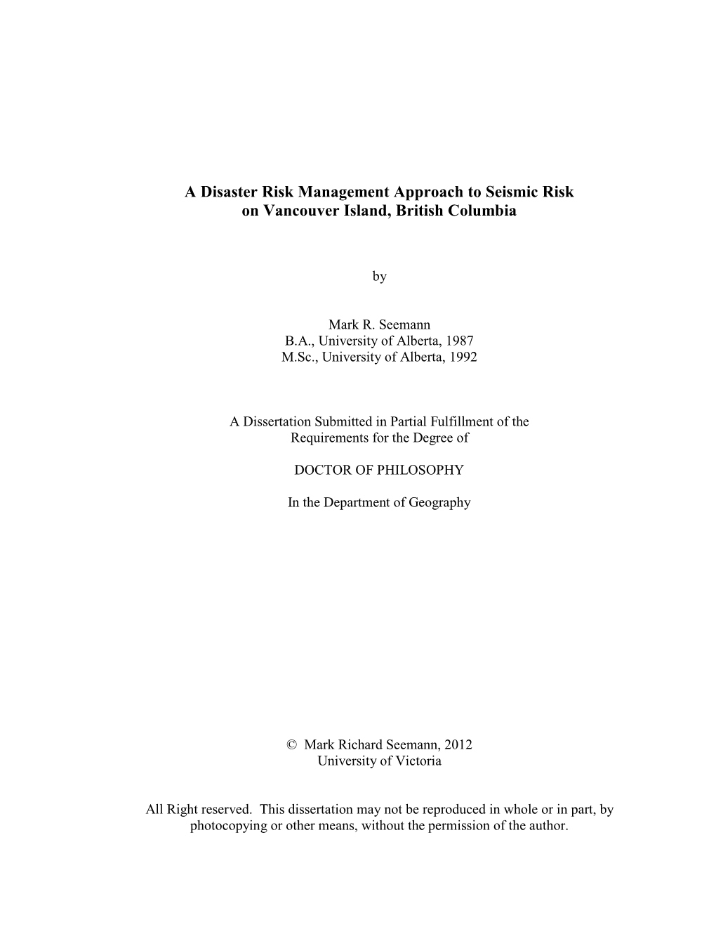 A Disaster Risk Management Approach to Seismic Risk on Vancouver Island, British Columbia