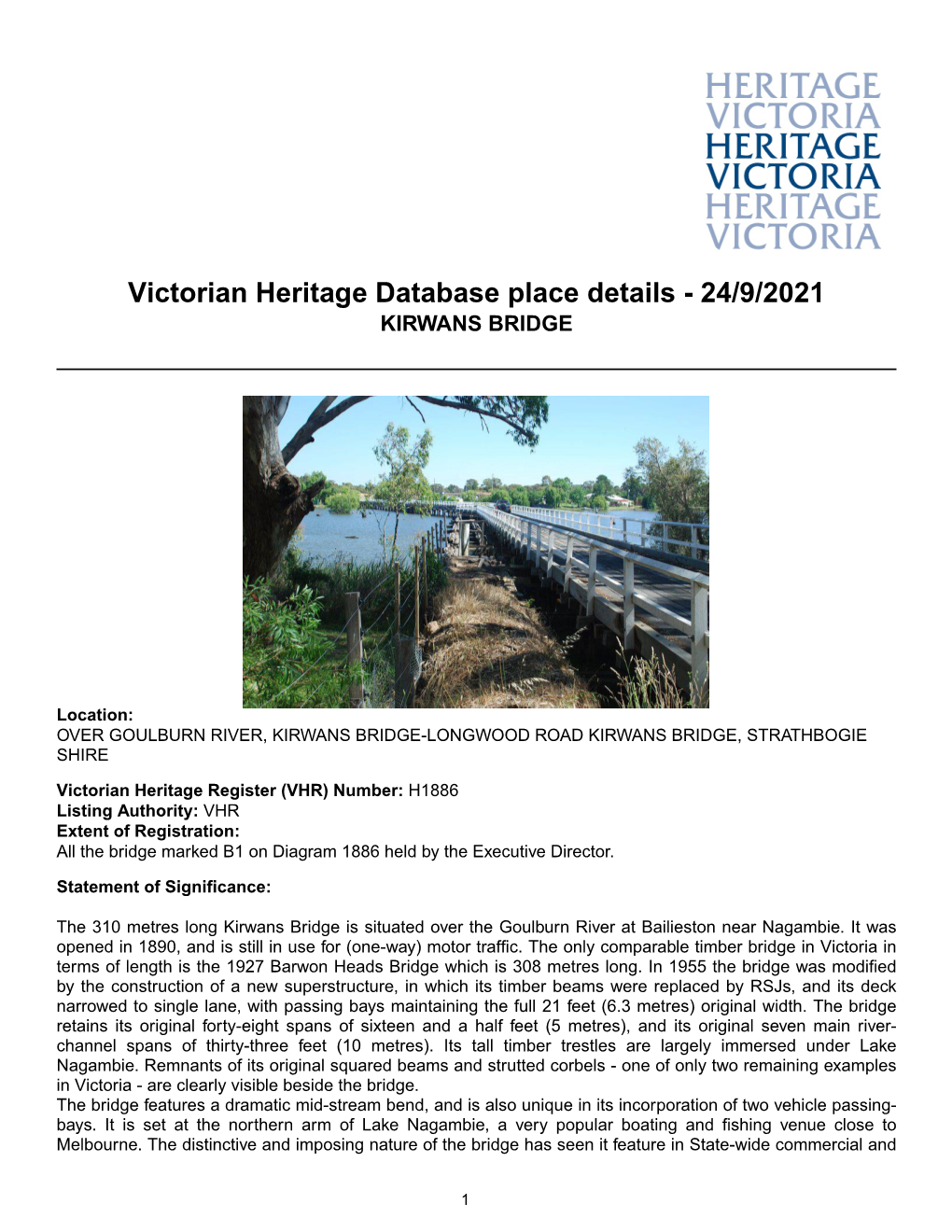 Victorian Heritage Database Place Details - 24/9/2021 KIRWANS BRIDGE