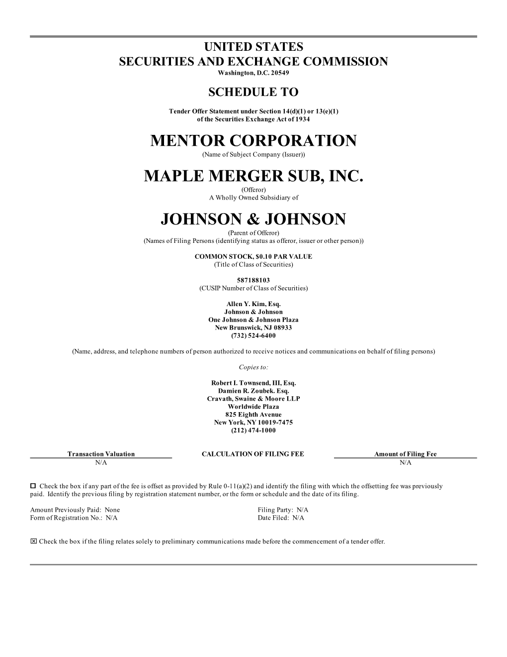 Mentor Corporation Maple Merger Sub, Inc. Johnson