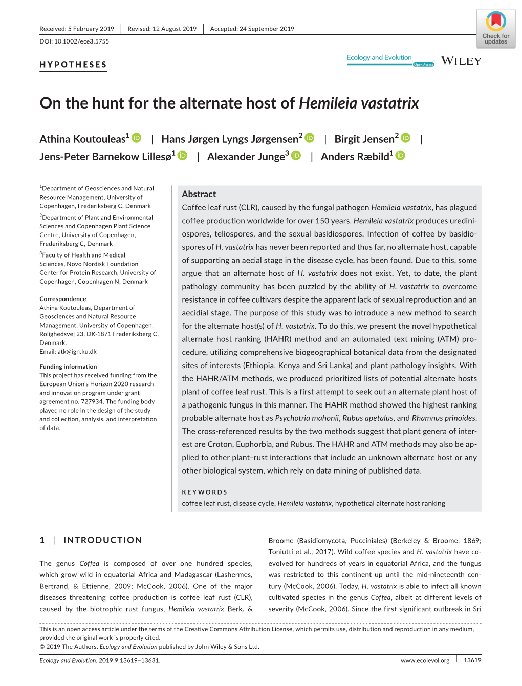 Ecology and Evolution on the Hunt for the Alternate Host of Hemileia Vastatrix